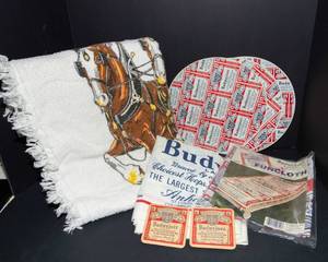 Budweiser Collectibles Lot  Beach Towel, Tablecloth, Coasters & More