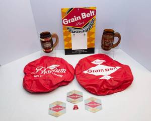 Grain Belt Beer Collectibles Lot  Mugs, Barstool Covers & Signs