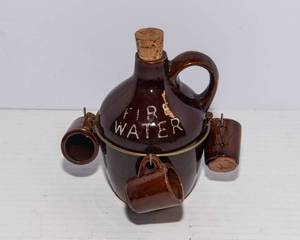 Vintage Fire Water Decanter Jug & Shot Glass Set
