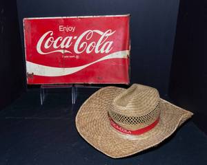Coca-Cola Metal Sign & Straw Coke Hat  2 Piece Lot