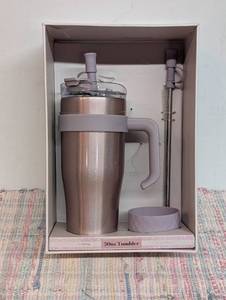 Trueliving 30 oz Stainless Steel Tumbler Gift Set with Straw, Cleaning Brush, and Silicone Boot, Rose Gold Shimmer