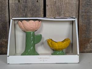 Threshold - 2 Pc Taper Candle Holders, Ceramic, Pink & Yellow