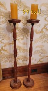 Tall Turned Cherry Pillar Candlesticks, Pair