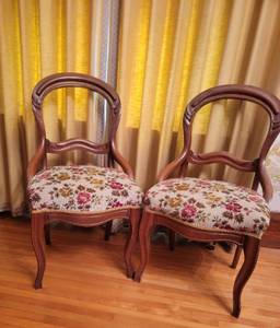 Vintage Carved Walnut Balloon Back Chairs, Set of 2