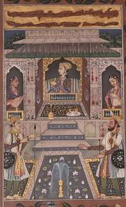 Miniature Indian Mughal Painting  Terrace Courtyard