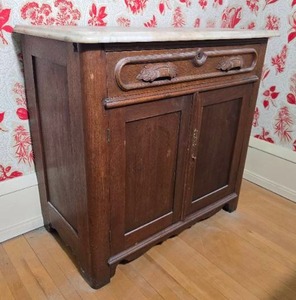 Antique Marble Top Cabinet with Carved Wood Doors (AS)