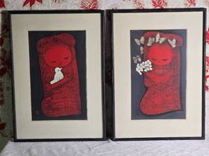 Stamped Modern Fine Art Japanese Woodblock Print Pair - Kaoru Kawano - Girl and Bird  Girl with Flowers