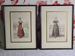 Brilliant Vintage 19th c. Colored Etching Fashion Print Pair - Costume de St. Lo  Costume de Cherbourg