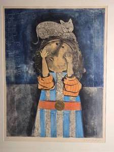 ARTIST PROOFSIGNED Fine Art Etching and Aquatint Print - Graciela Rodo Boulanger - Girl with Cat on Her Head