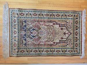 Oriental Turkish Hand-Knotted Silk Harake Rug