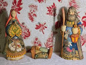 Magnificent Russian Hand Carved Folk Art Nativity Figures - Holy Family - G. DeBrekht