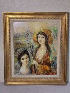 Original French Fine Art Painting - Jacques Lalande - Girls in Garden - Oil on Canvas