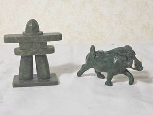 Green Verdite Stone Warthog and Inukshuk Serpentine Statue