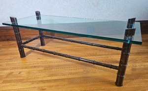 Hollywood Regency Rattan Cocktail Table with lead Glass Top and Bamboo Frame