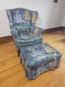 English Jacquard Tapestry Armchair and Ottoman
