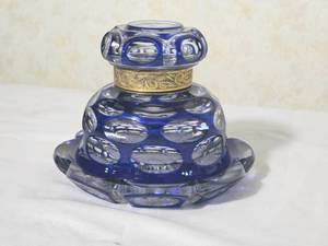 Vintage Bohemian Cobalt Cut to Clear Inkwell