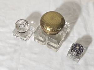 Antique Crystal Inkwell Set with Brass & Sterling Lids