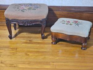 Antique Needlepoint Footstool Pair