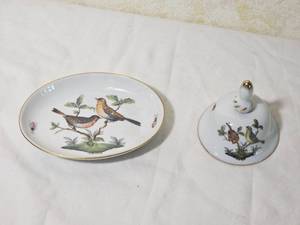 Herend Porcelain Songbird Trinket Bell & Dish Set