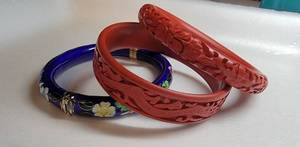 Carved Cinnabar and Cloisonn Bangle Bracelets