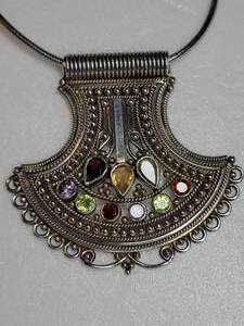 Vintage Silver Tribal Gemstone Jeweled Amulet Necklace  42g
