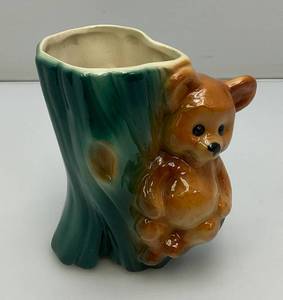 Vintage MCM Royal Copley Bear Sitting in Tree Stump Planter 3 x 5 x 5 12