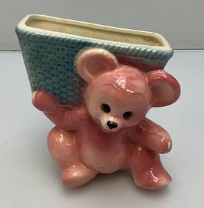 Vintage MCM Royal Copley Pink BearCarrying Basket Planter 6 14 Tall