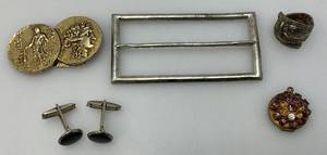 Misc. Vintage Jewelry Including Possible Sterling  Buckle 14.31 Grams Overall , Locket (Missing A Few Stones) And More