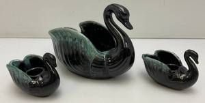 Vintage ENESCO Set Of Swan Candle Holders And Planter With Foil labels