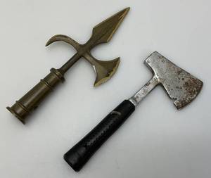 Vintage Heavy Brass Flag Topper 9 12 And Small Hatchet 8 12