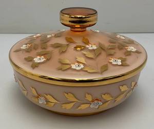 Vintage Bohemian Pink Cased Glass Gilded Enameled Candy Dish With Lid 7 12 x 5