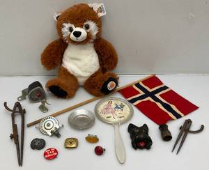 Misc. Vintage Collectibles IncludingBycycle Speedometer, Automobile License Plate Reflectors, Scottie Dog Head Wall hanging And more