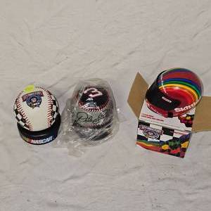 2-Nascar Collectible Baseballs and Skittles Racing Helmet