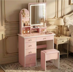 FUFU&GAGA 5-Drawers Pink Makeup Vanity Sets Dressing Table Sets with Stool, Mirror, LED Light and 3-Tier Storage Shelves Msrp $145.00