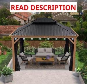PURPLE LEAF 10 ft.x 12ft.Wood Grain Luxury Aluminum Frame Patio Outdoor Hardtop Gazebo for Backyard,Hooks, Upgraded Netting 24-Lights Msrp $1,468.00 read description