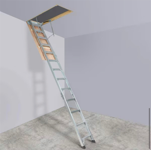 SKYSHALO Foldable Attic Ladder 350 Ibs. Capacity Aluminium Extension 22.5   63 in. Fits 9.5-12 ft. Ceilings Portable Access Msrp $338.99