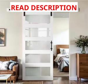 SOCBAZZAR 34 in. x 84 in. 5-Panel Frosted Glass White Prefinished MDF Interior Sliding Barn Door with Hardware Kit Msrp $433.00 read description