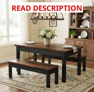BYBLIGHT 3-Piece Rectangle Black and Brown Wood Top Dining Room Set Seats-4, Dining Table Set with 2-Dining Benches Msrp $236.89