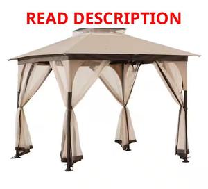 Sunjoy 9.5 ft.   9.5 ft. Soft Top Outdoor Steel Frame Gazebo Canopy with Double Roof and Nettting for Backyard, Beige and Brown Msrp $193.00