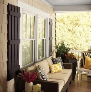 PLY GEM 15 in. x 59 in. Polypropylene 4-Board Closed Board and Batten Shutters Pair in Peppercorn with 15 in. x 63 in. Polypropylene 4-Board Closed Board and Batten Shutters Pair in Peppercorn