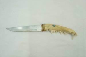 Vintage custom fixed blade knife. 6.5 overall length. hand crafted from an animal jawbone. 3 blade