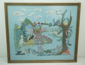 Framed Vintage crewel embroidery art piece 23x 19