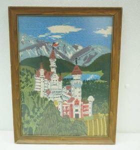 framed vintage hand crafted crewelwork piece. Neuschwanstein Castle in Bavaria, Germany. 13.5x17.5