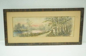 Framed Vintage Watercolor Painting. Birch Trees. 22x10