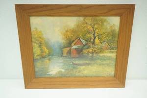 Framed Artwork. Vintage Landscape painting The Old Mill by Robert Wood. 19x 15