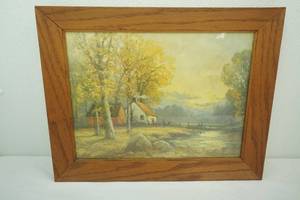 Framed Artwork. Vintage Landscape painting Rustic Homestead by Robert Wood. 19x 15