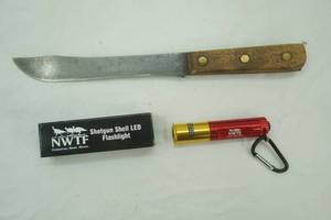 Vintage Carbon Steel Butcher Knife  7 blade and NWTF LED keychain flashlight