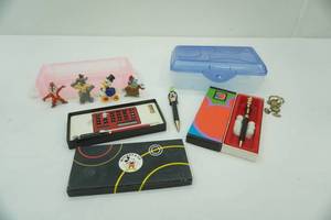 Vintage Mickey Mouse Designer Pen Sets, and Vintage Kelloggs Disney figurines