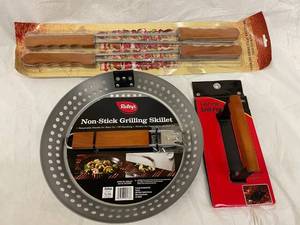 Box G - Raleys Grilling Skillet, Cast Iron Grill Press & Brazilian-Style Sword Skewers Mixed Lot