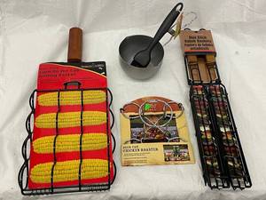 Box H - Grilling Accessory Mixed Lot Corn Basket, Beer Can Roaster & Kabob Baskets